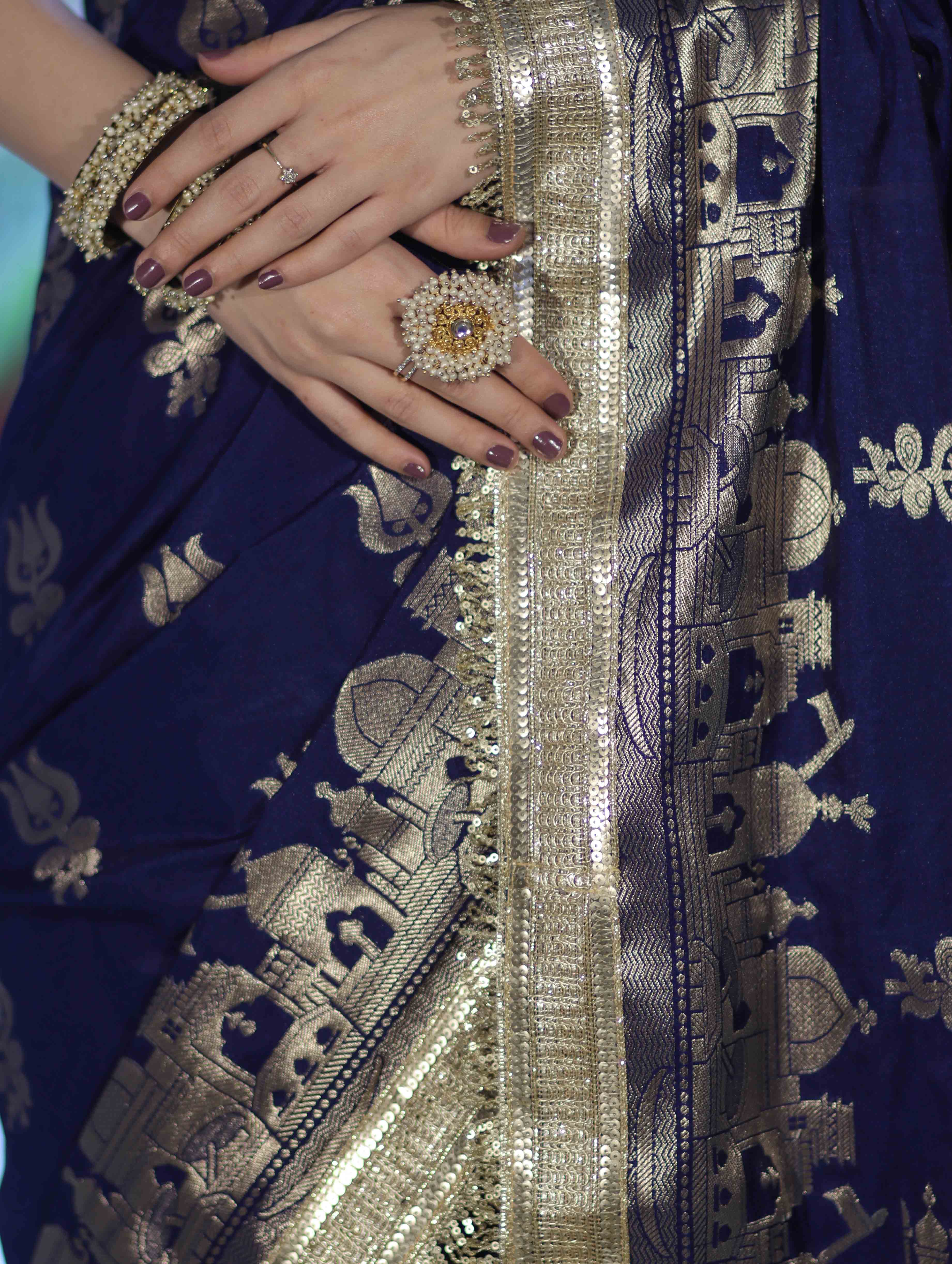 Banarasee Handloom Soft Silk Saree With Trishul Design Ganga Ghat Border & Lace-Blue