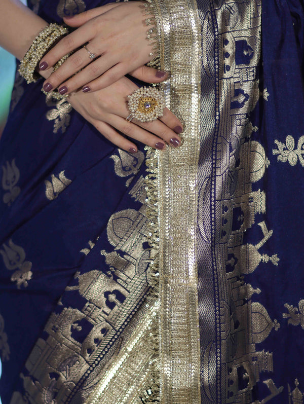 Banarasee Handloom Soft Silk Saree With Trishul Design Ganga Ghat Border & Lace-Blue