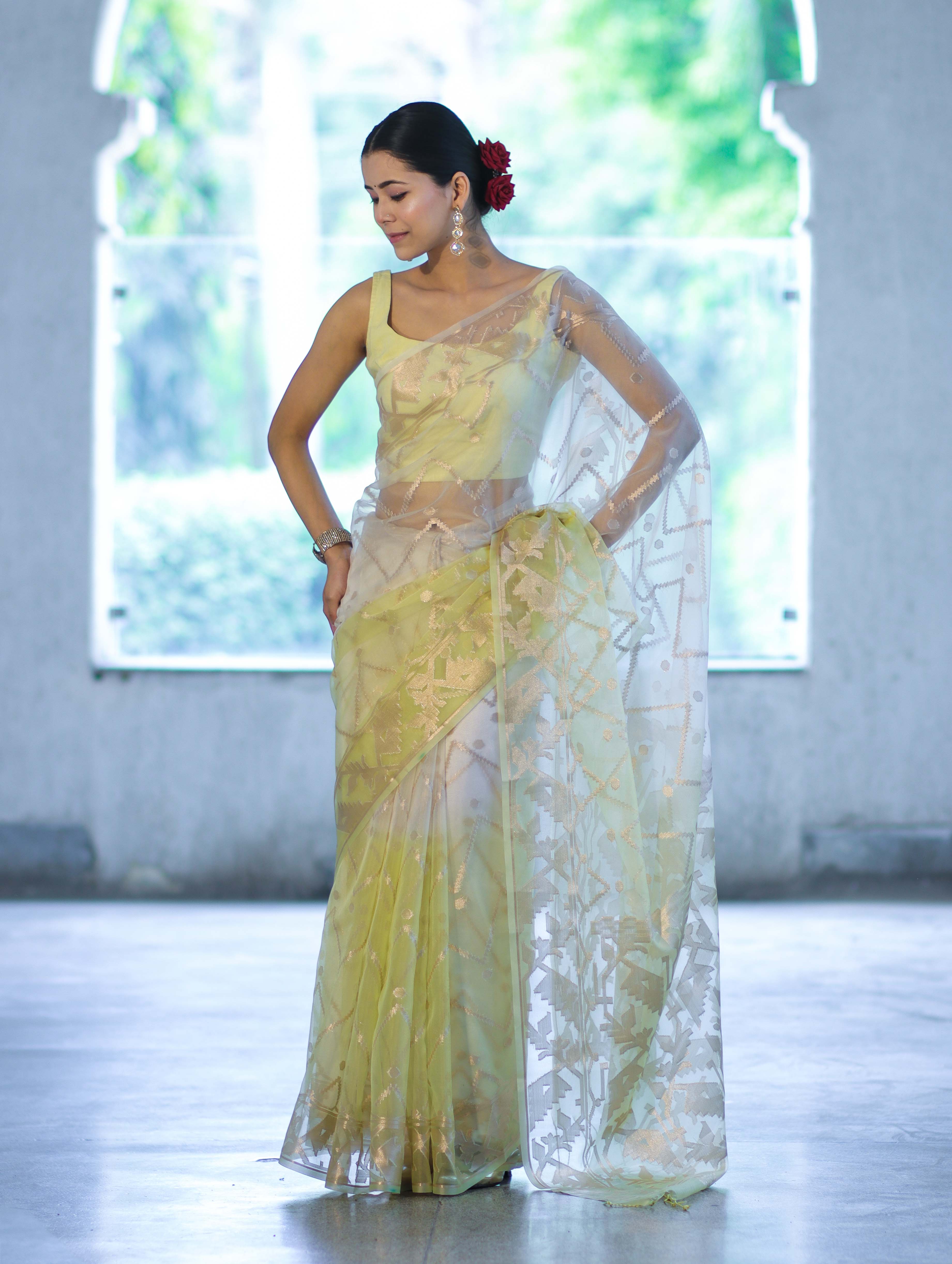 Banarasee Dual Color Organza Saree With Zari Jaal Design-Yellow (Dual Tone)