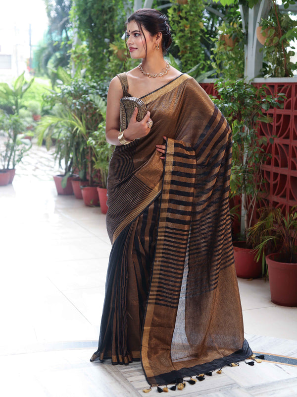 Banarasee Linen Tissue Metallic Shine Saree With Stripes Design-Gold & Black