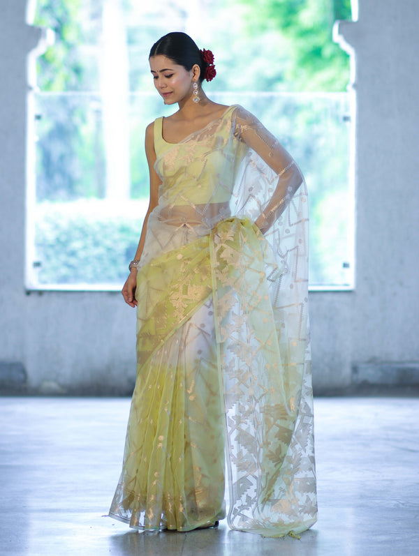 Banarasee Dual Color Organza Saree With Zari Jaal Design-Yellow (Dual Tone)