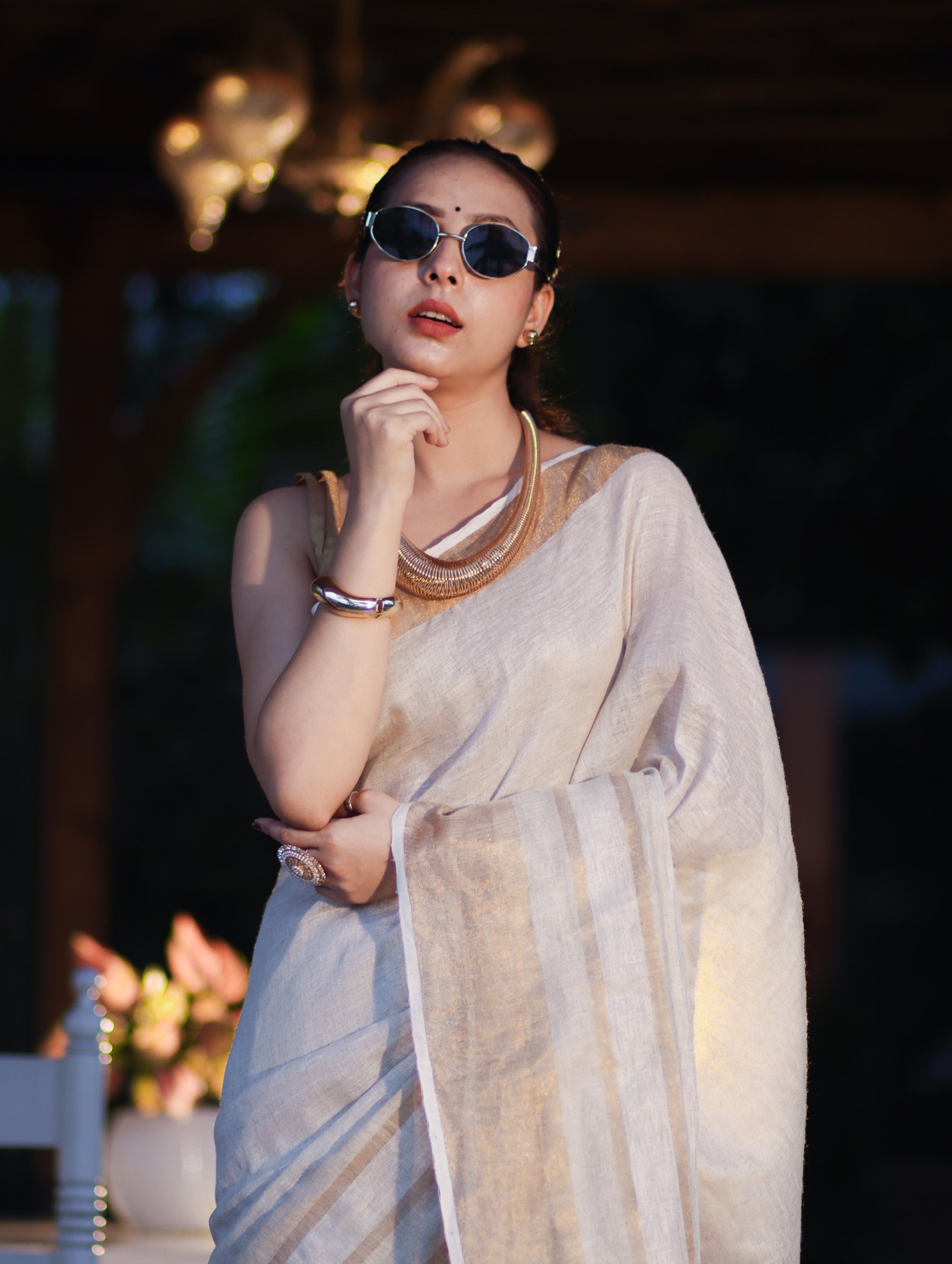 Banarasee Handloom Pure Linen Saree With Gold Zari Border-Off White