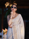 Banarasee Handloom Pure Linen Saree With Gold Zari Border-Off White