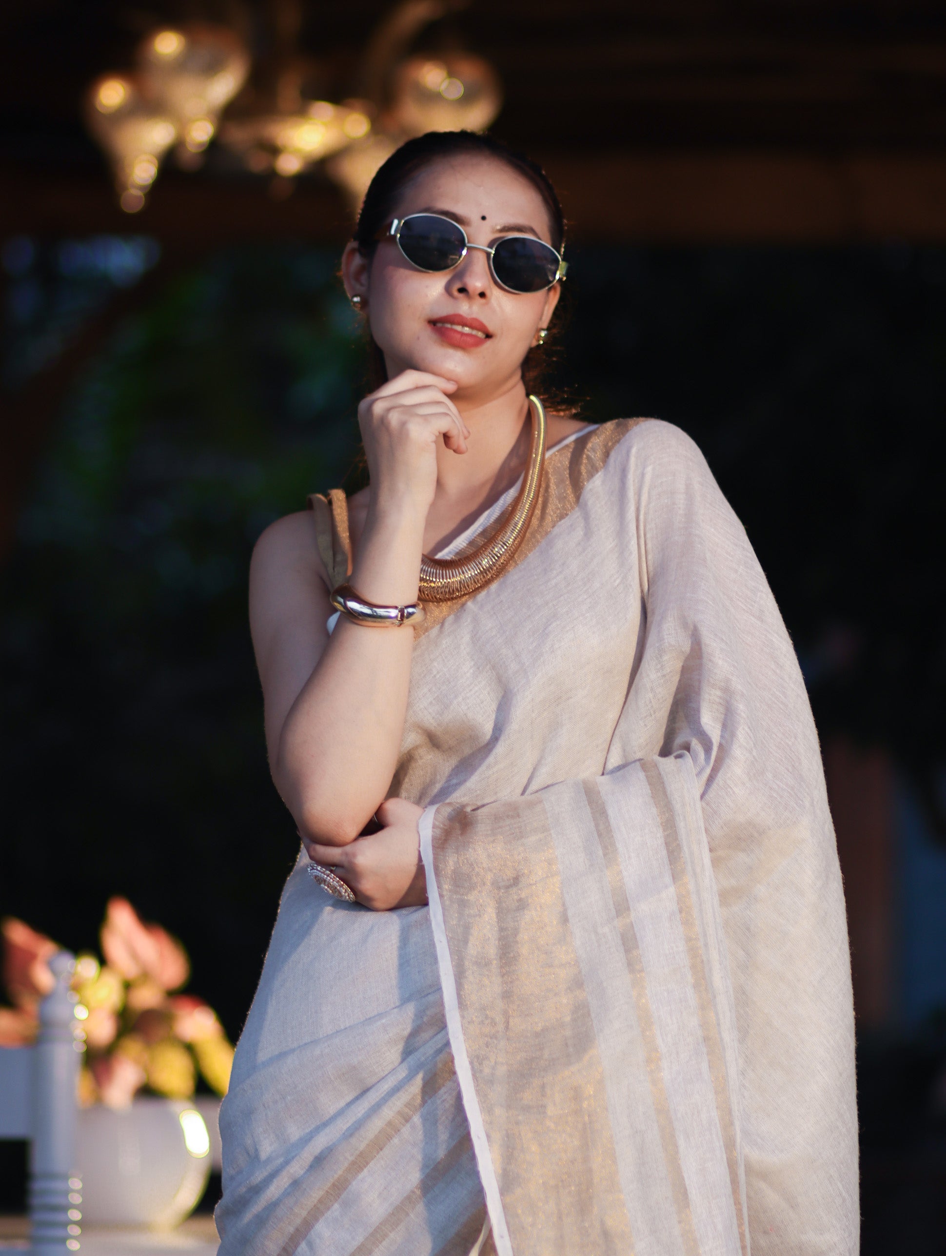 Banarasee Handloom Pure Linen Saree With Gold Zari Border-Off White