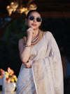 Banarasee Handloom Pure Linen Saree With Gold Zari Border-Off White