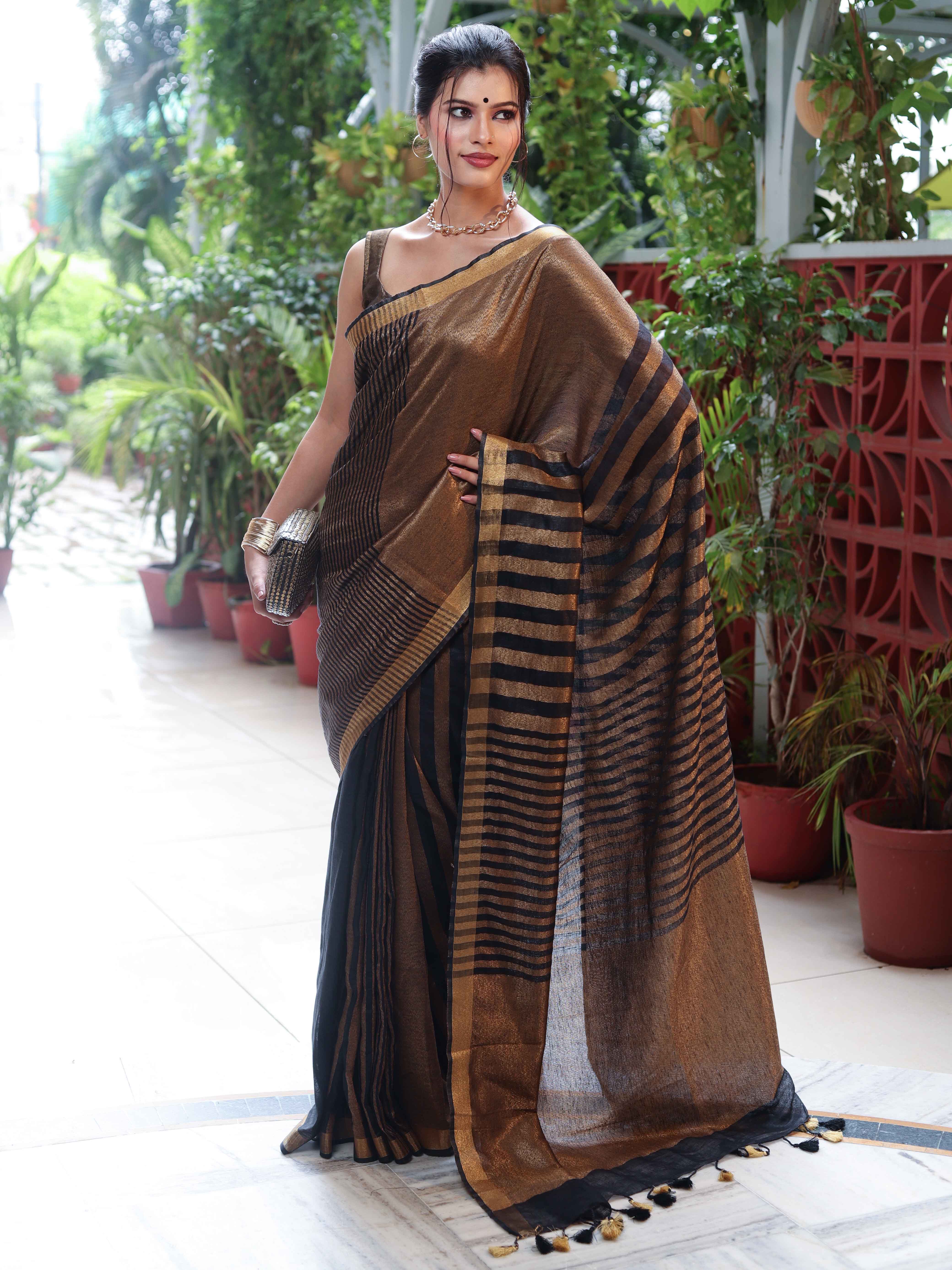 Banarasee Linen Tissue Metallic Shine Saree With Stripes Design-Gold & Black