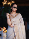 Banarasee Handloom Pure Linen Saree With Gold Zari Border-Off White