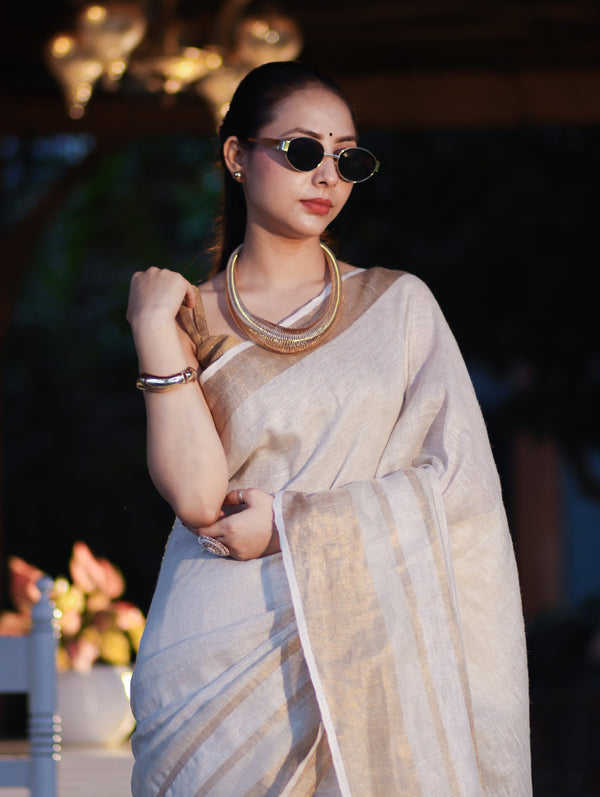 Banarasee Handloom Pure Linen Saree With Gold Zari Border-Off White