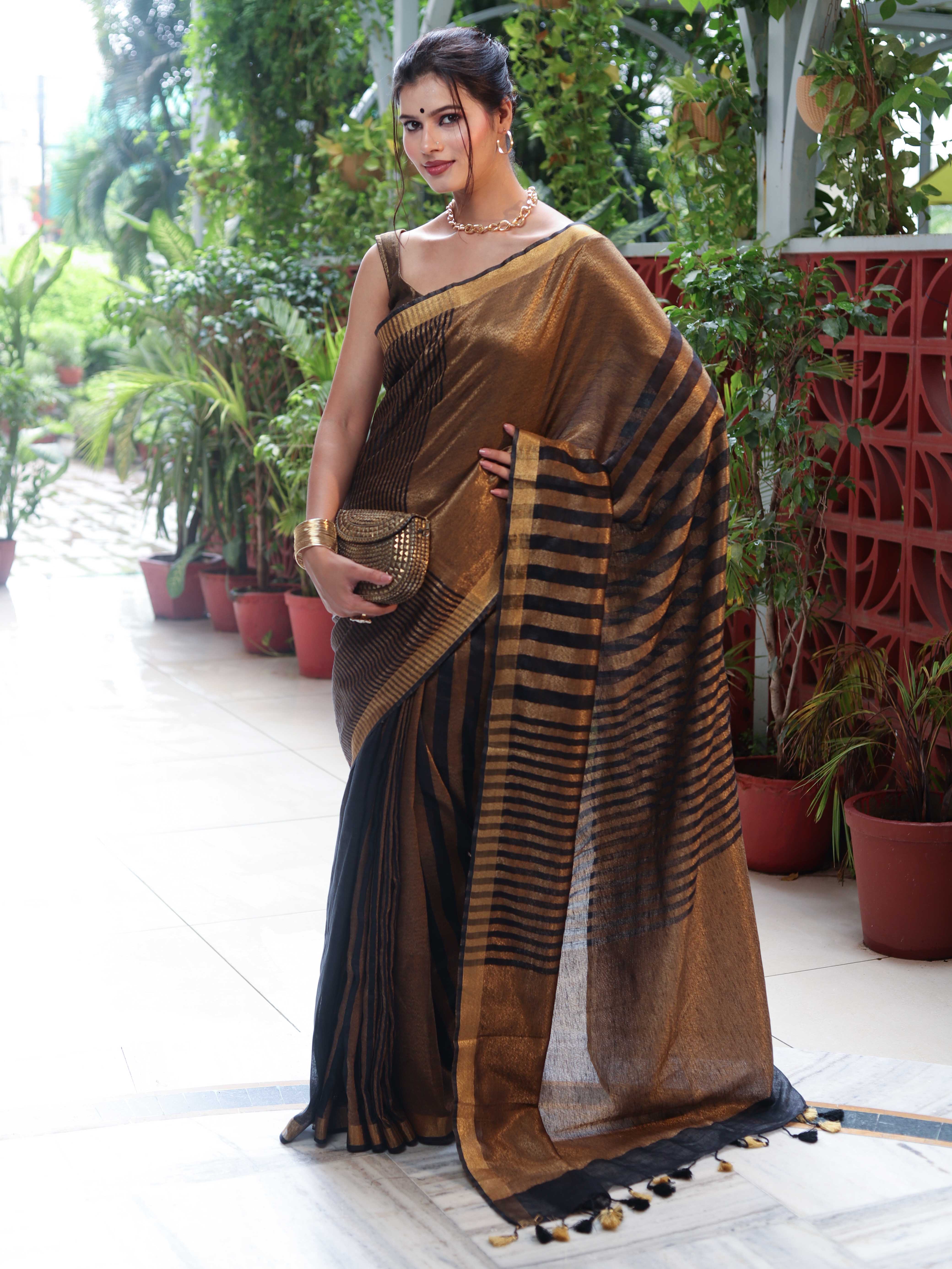 Banarasee Linen Tissue Metallic Shine Saree With Stripes Design-Gold & Black