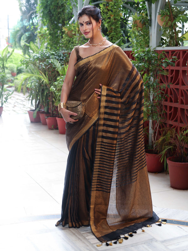 Banarasee Linen Tissue Metallic Shine Saree With Stripes Design-Gold & Black