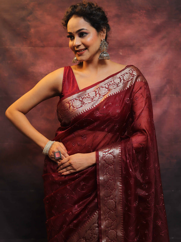 Banarasee Organza Floral Embroidery Sequin Work Saree-Maroon