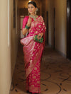 Banarasee Semi-Katan Zari Jaal Saree-Pink