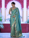 Banarasee Handloom Dual Tone Shimmer Tissue Saree With Buti Design Zari Border & Lace-Pastel Green