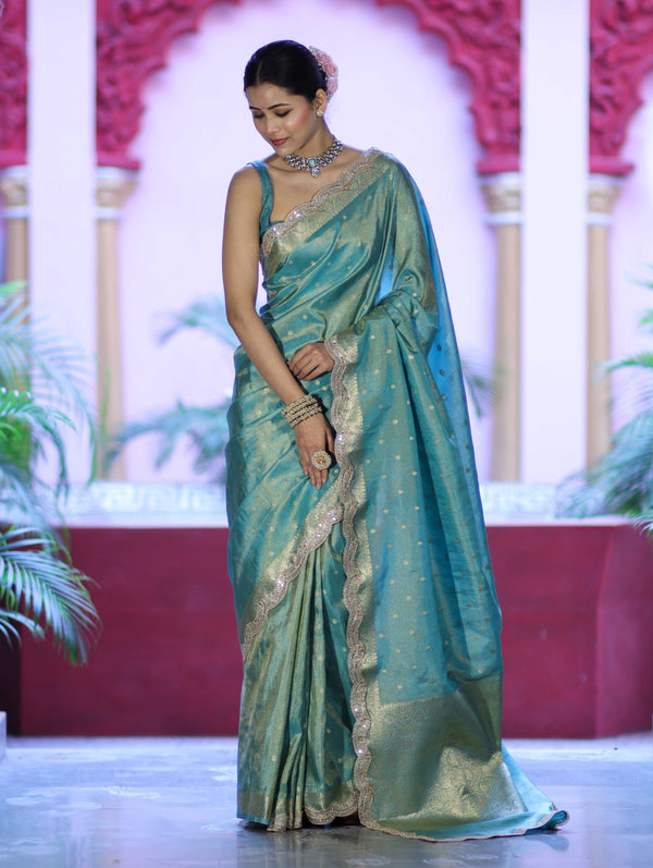 Banarasee Handloom Dual Tone Shimmer Tissue Saree With Buti Design Zari Border & Lace-Pastel Green