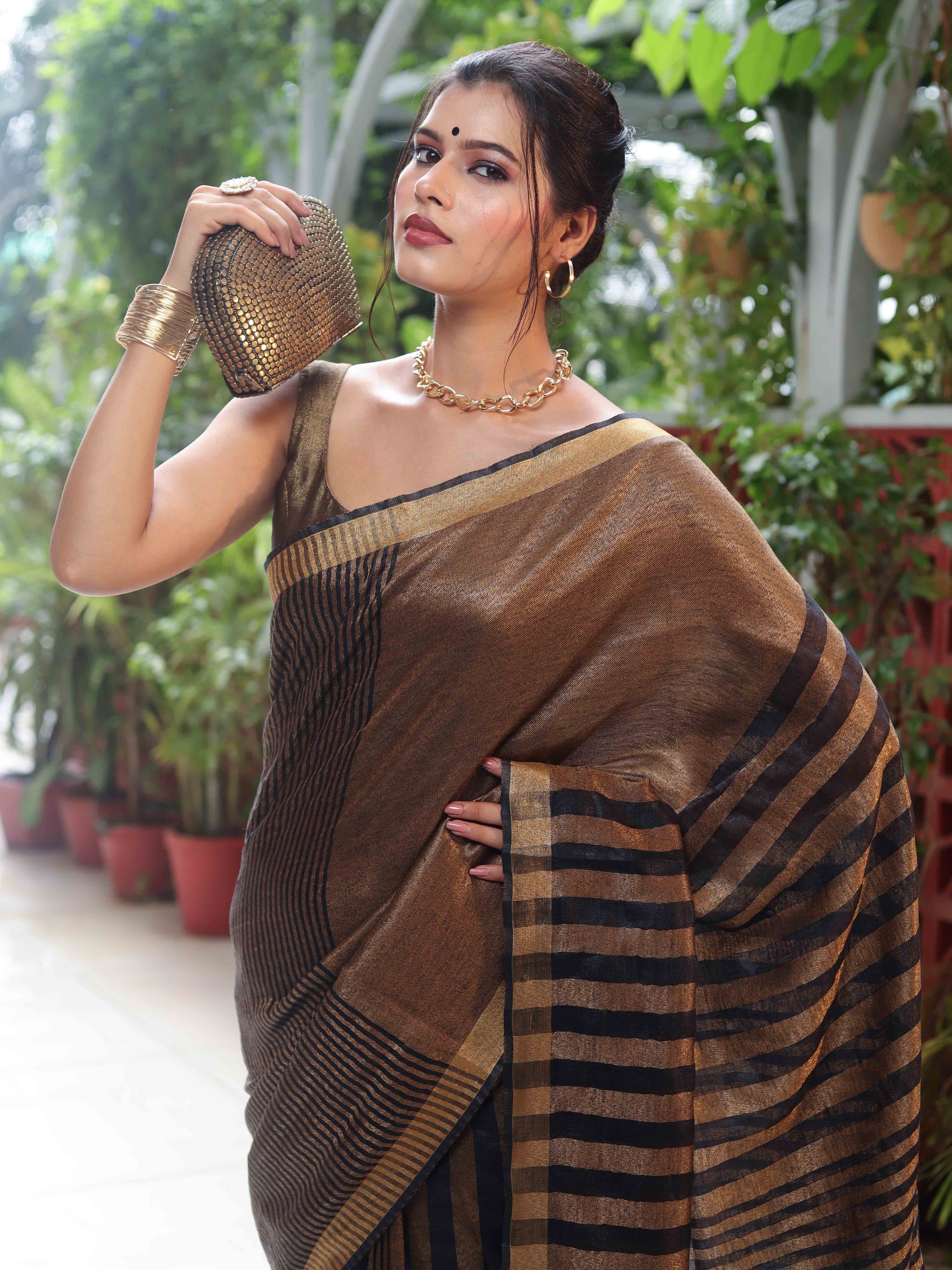 Banarasee Linen Tissue Metallic Shine Saree With Stripes Design-Gold & Black
