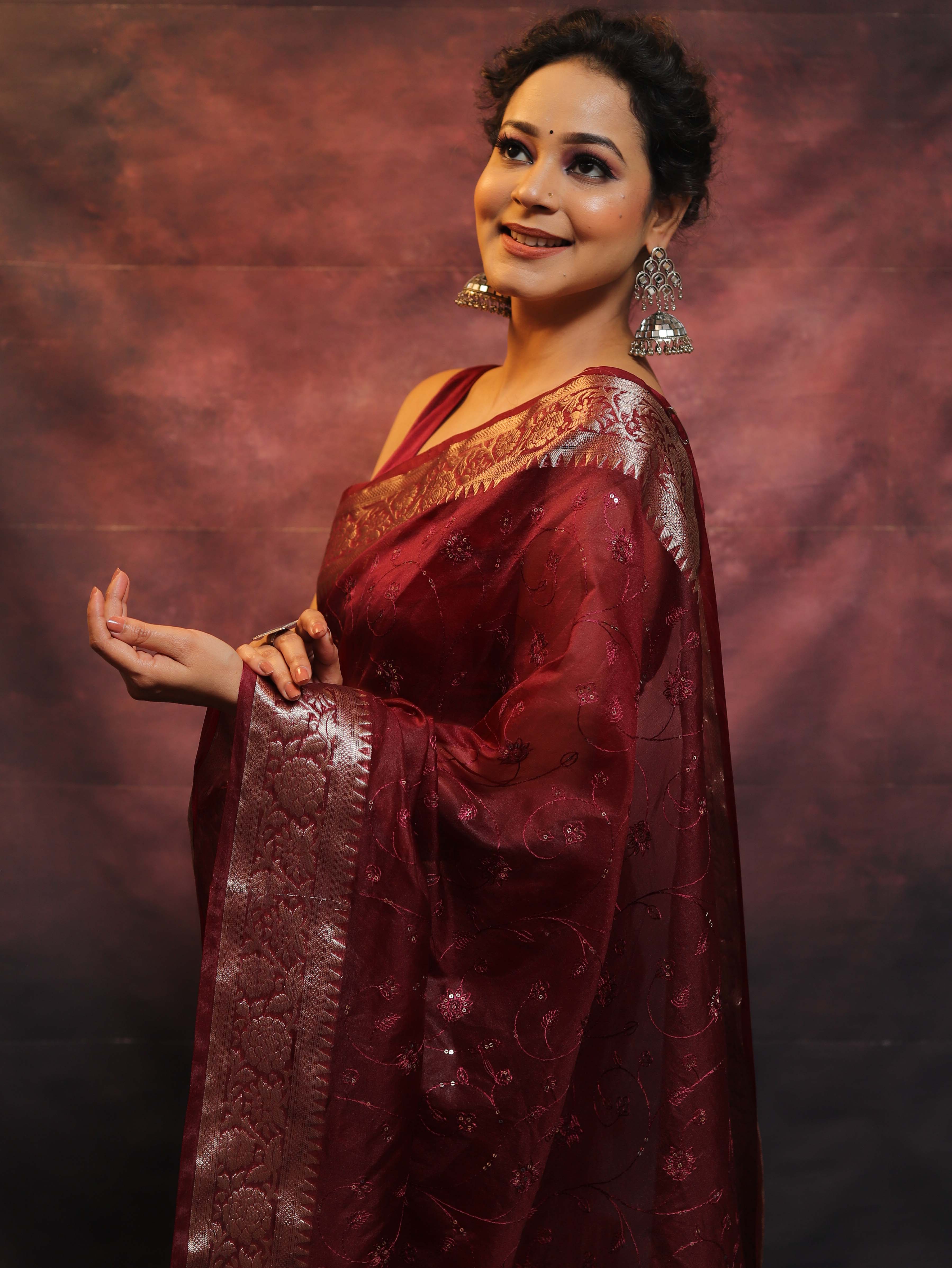 Banarasee Organza Floral Embroidery Sequin Work Saree-Maroon
