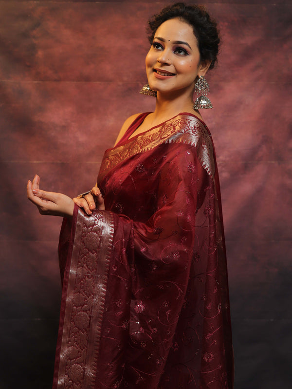 Banarasee Organza Floral Embroidery Sequin Work Saree-Maroon
