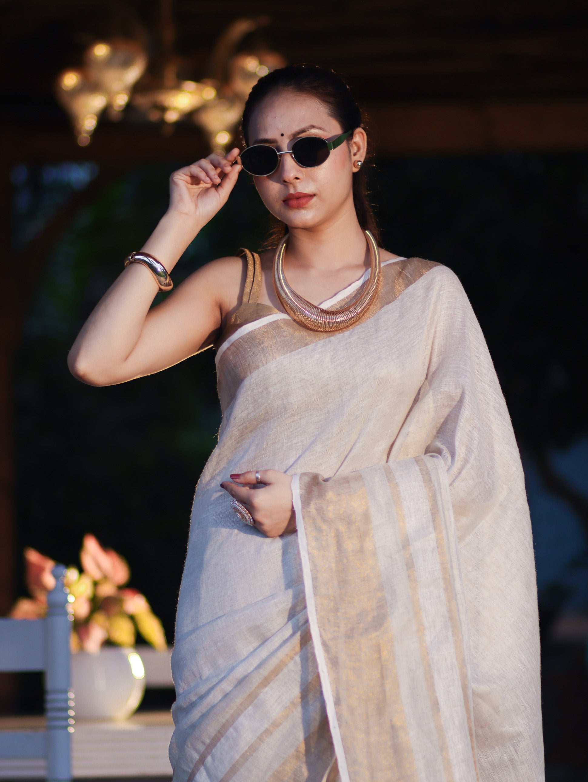 Banarasee Handloom Pure Linen Saree With Gold Zari Border-Off White