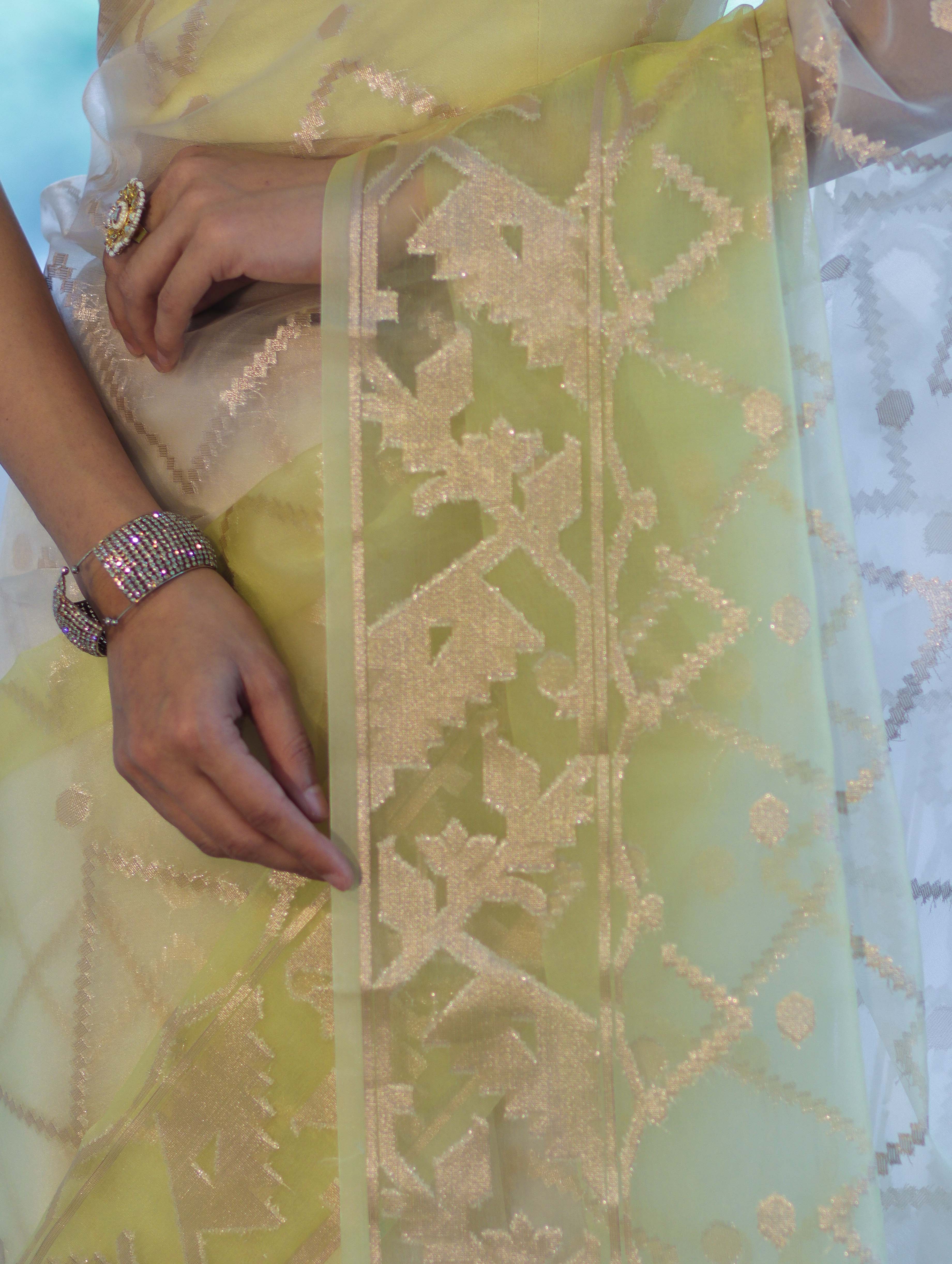 Banarasee Dual Color Organza Saree With Zari Jaal Design-Yellow (Dual Tone)