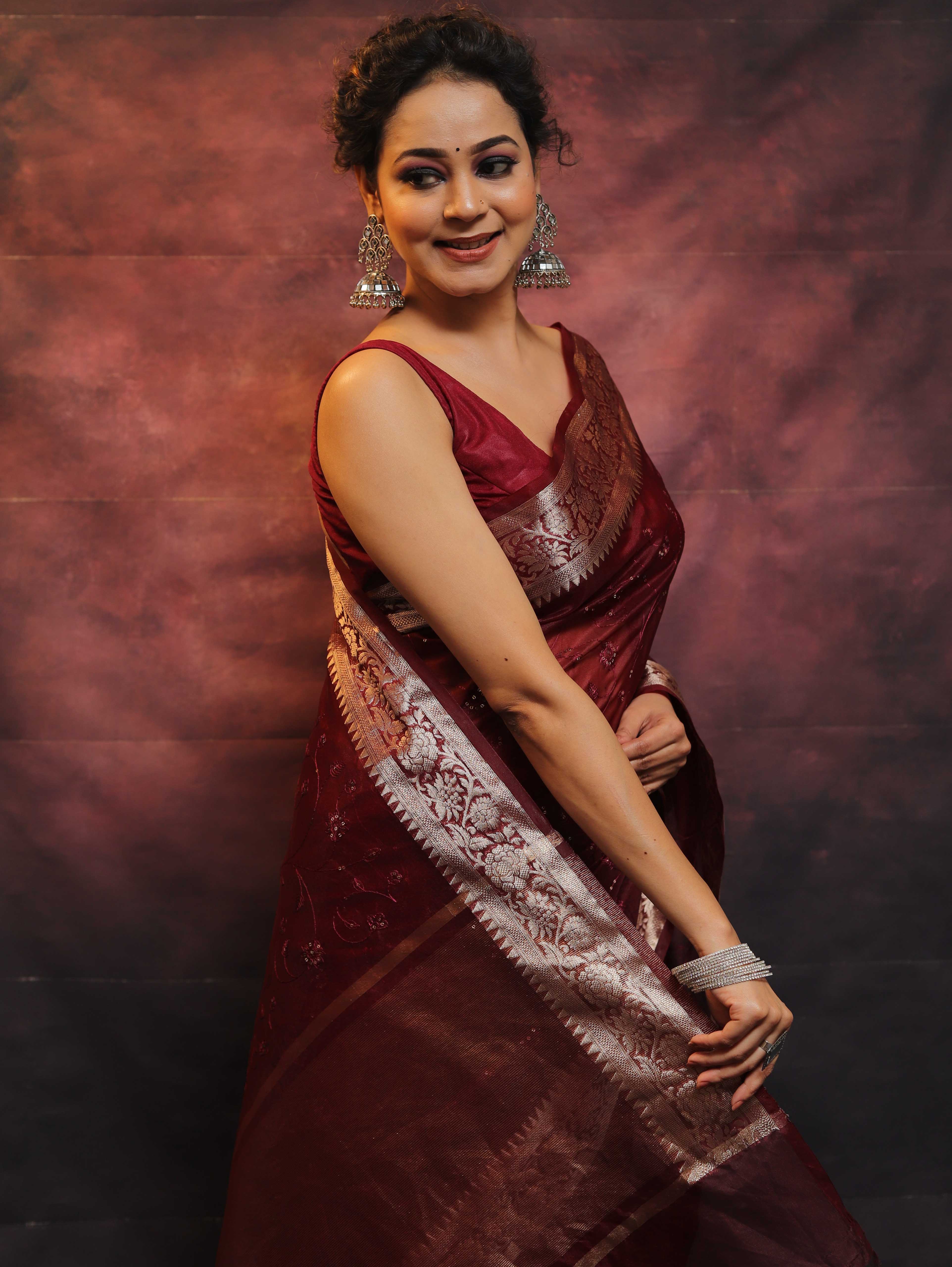 Banarasee Organza Floral Embroidery Sequin Work Saree-Maroon