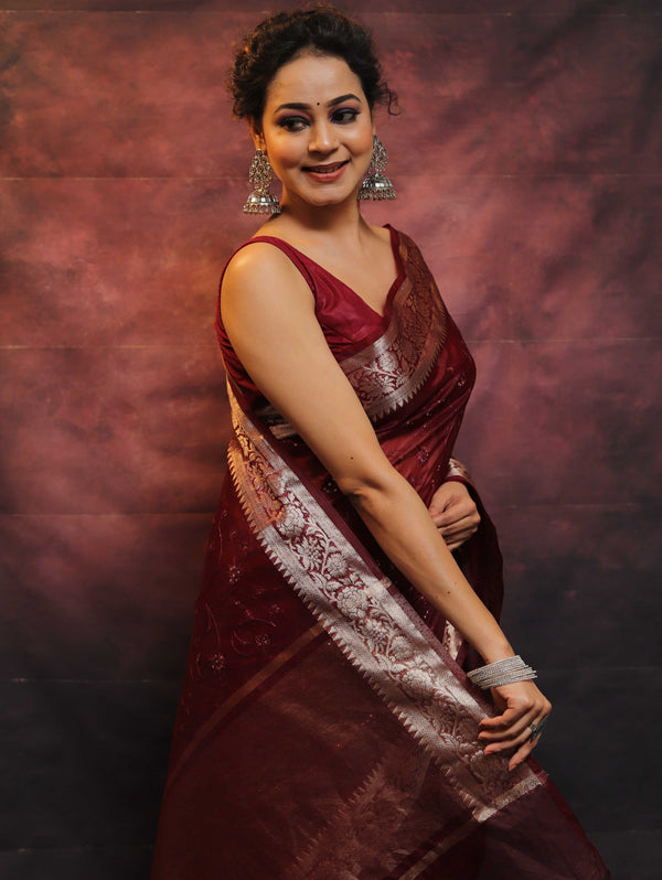 Banarasee Organza Floral Embroidery Sequin Work Saree-Maroon
