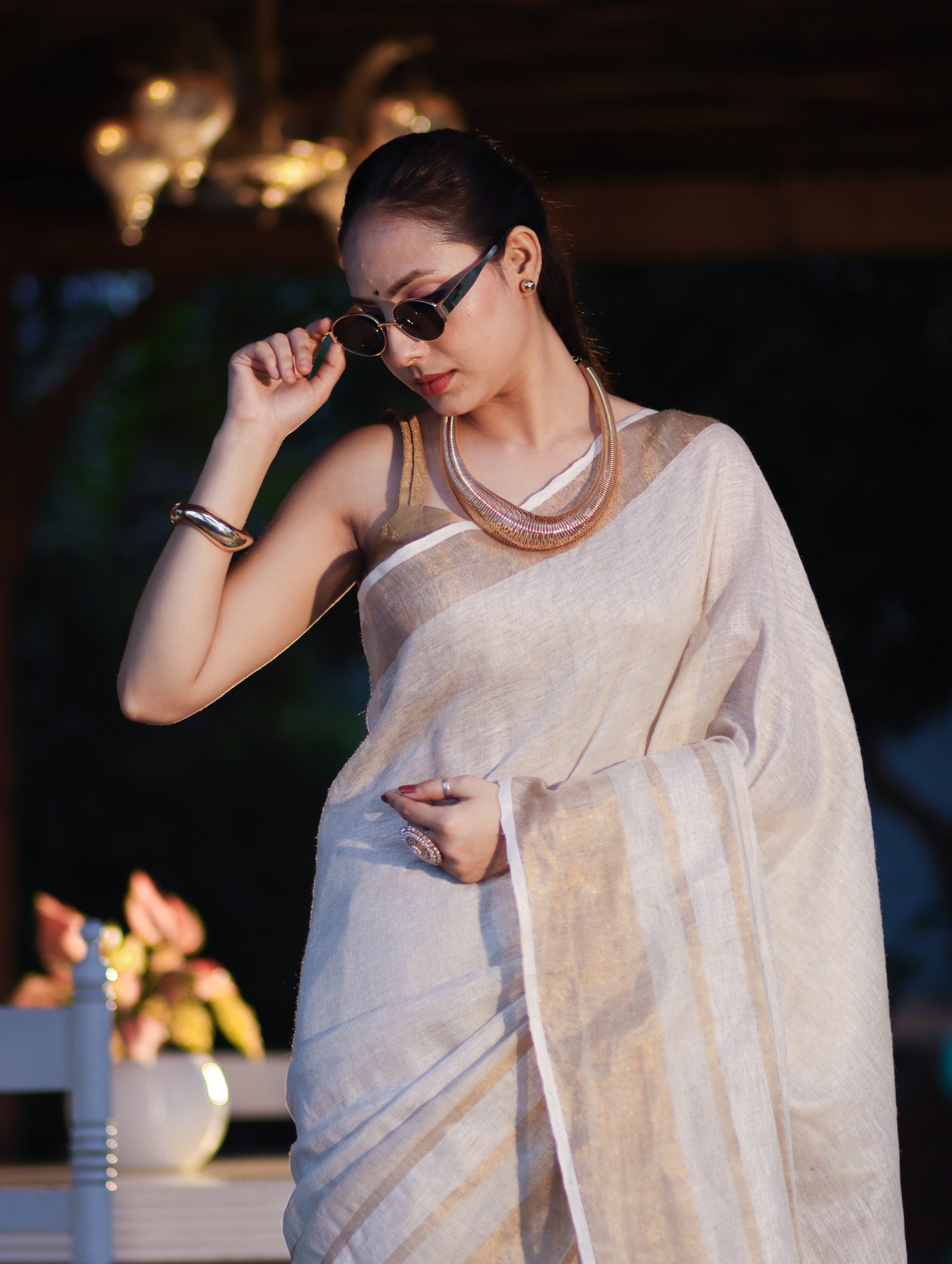 Banarasee Handloom Pure Linen Saree With Gold Zari Border-Off White