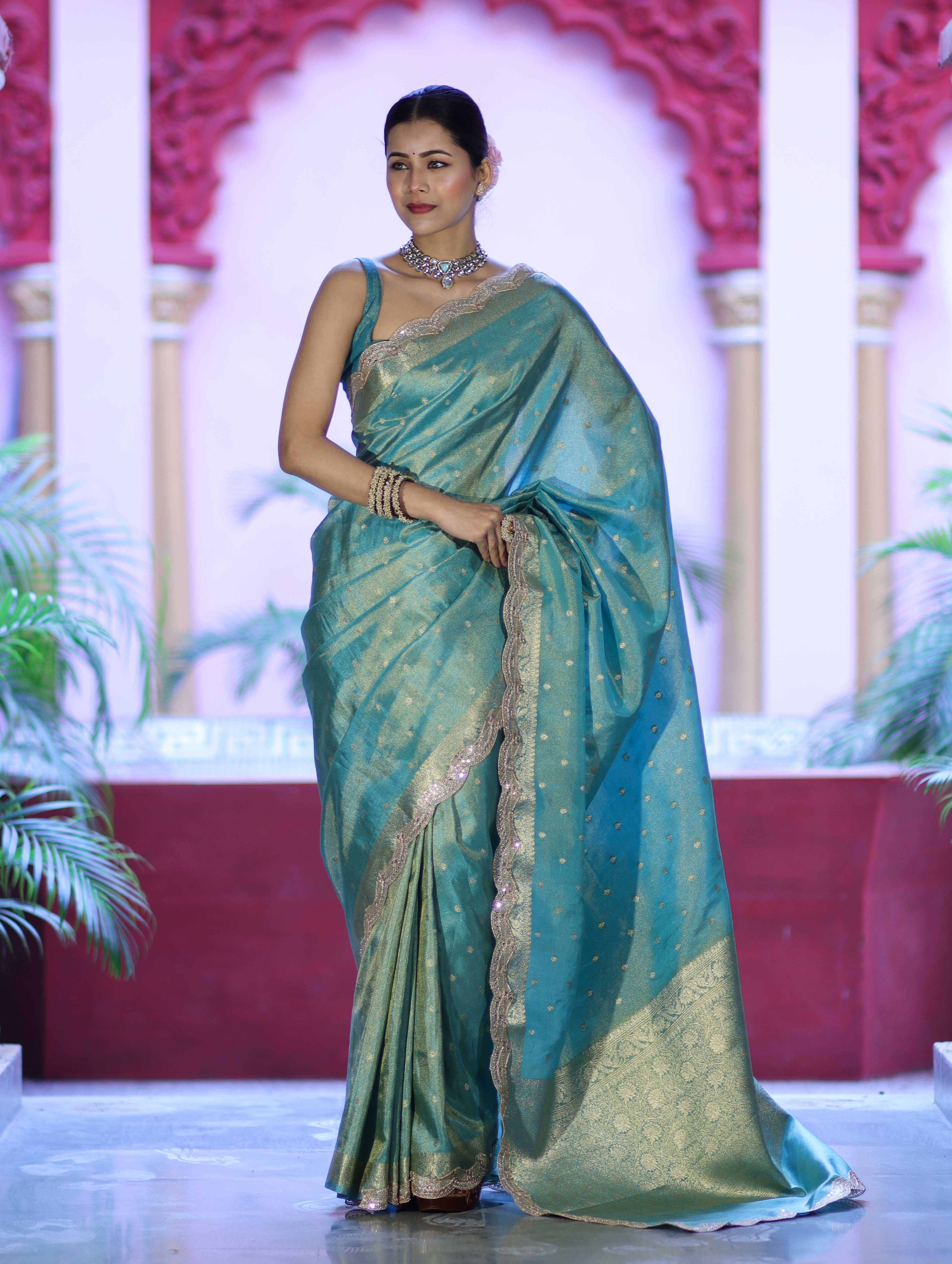 Banarasee Handloom Dual Tone Shimmer Tissue Saree With Buti Design Zari Border & Lace-Pastel Green