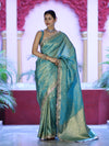 Banarasee Handloom Dual Tone Shimmer Tissue Saree With Buti Design Zari Border & Lace-Pastel Green
