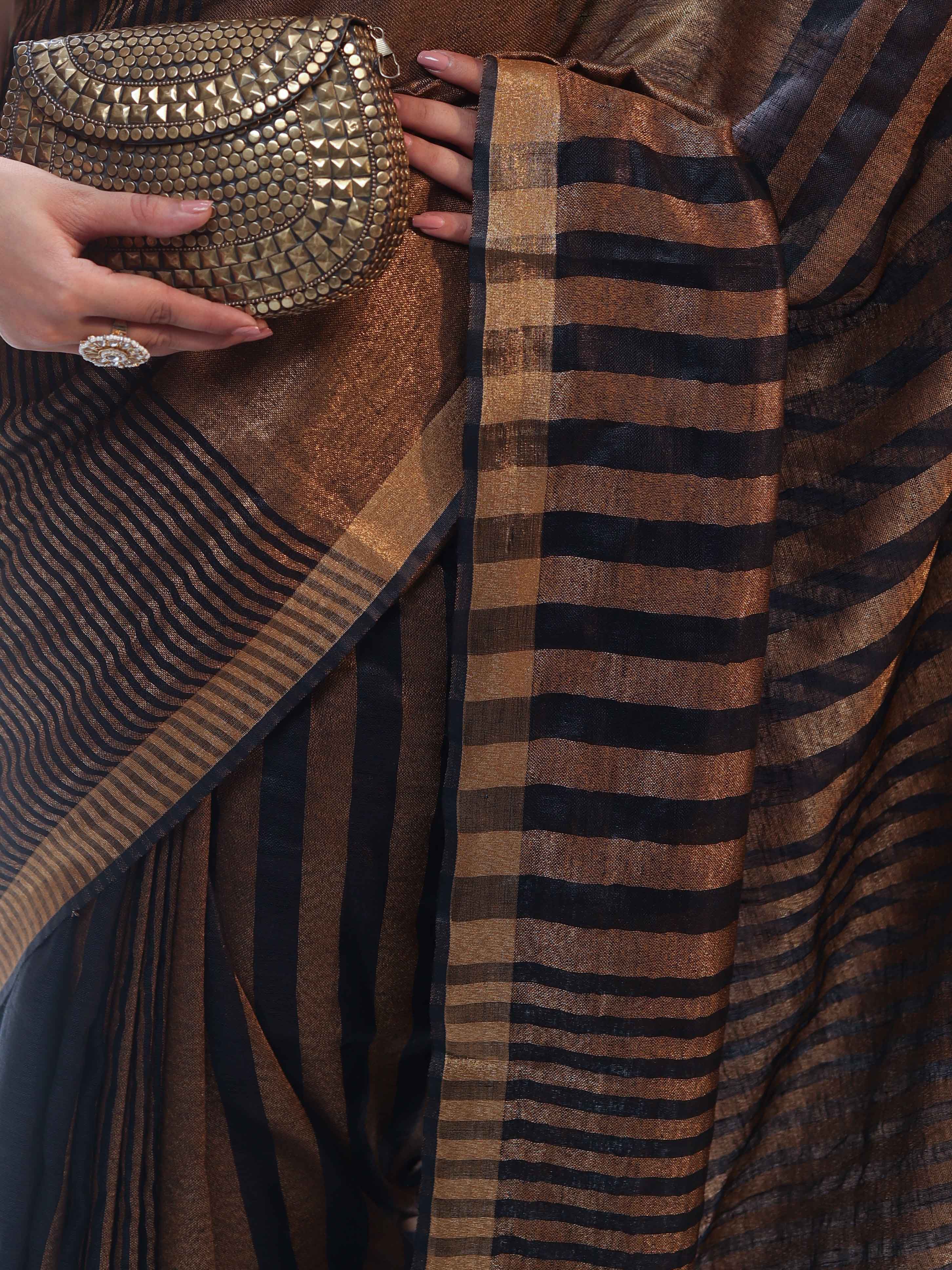 Banarasee Linen Tissue Metallic Shine Saree With Stripes Design-Gold & Black