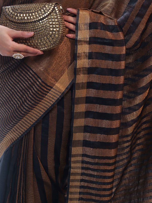 Banarasee Linen Tissue Metallic Shine Saree With Stripes Design-Gold & Black