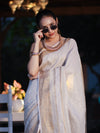 Banarasee Handloom Pure Linen Saree With Gold Zari Border-Off White