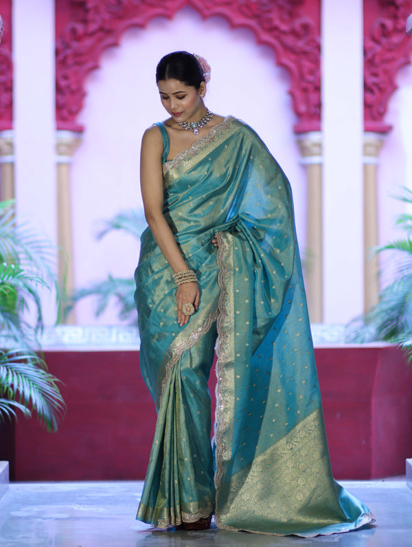 Banarasee Handloom Dual Tone Shimmer Tissue Saree With Buti Design Zari Border & Lace-Pastel Green