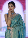 Banarasee Handloom Dual Tone Shimmer Tissue Saree With Buti Design Zari Border & Lace-Pastel Green