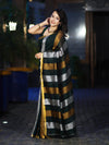 Bhagalpur Handloom Pure Linen Saree With Gold & Silver Stripes-Green