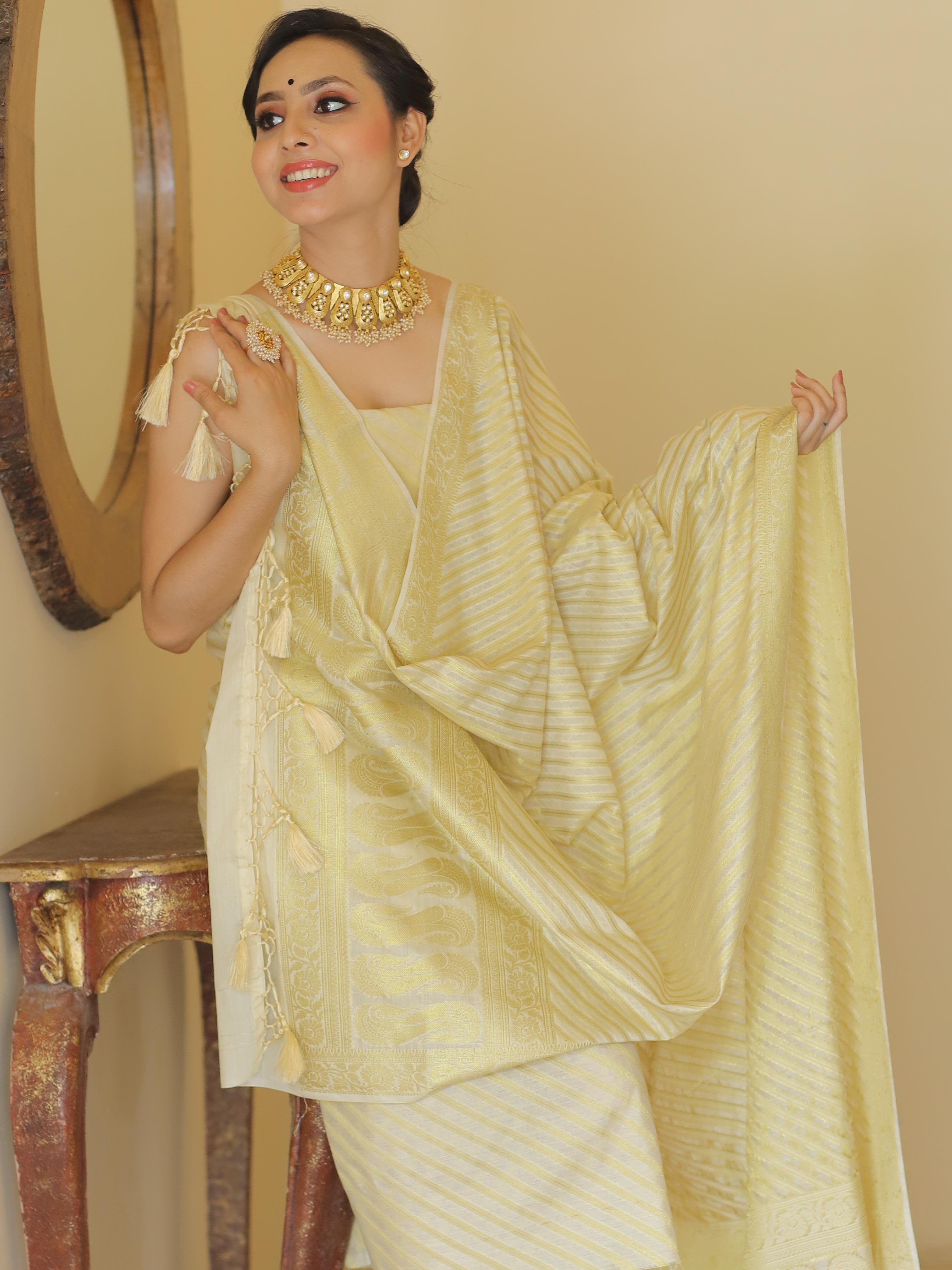 Banarasee Cotton Silk Zari Woven Salwar Kameez Dupatta Set-White