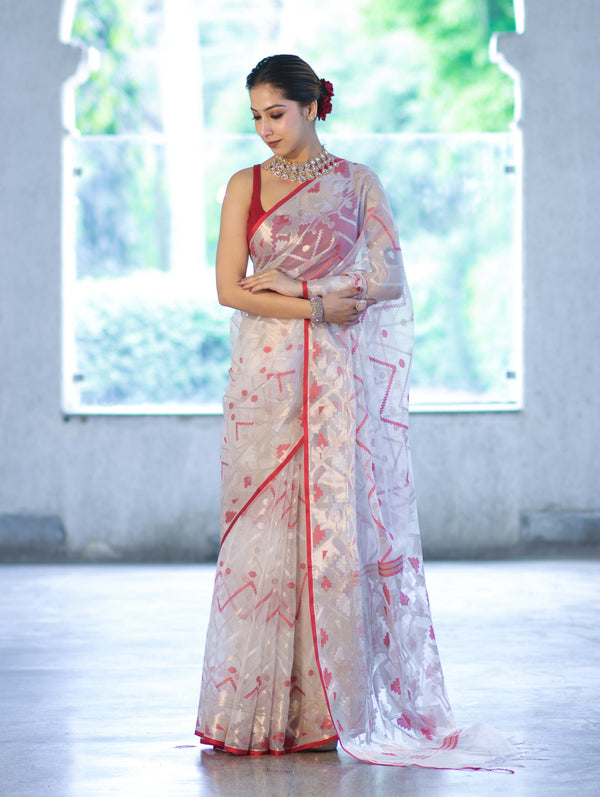 Banarasee Dual Color Organza Mix Saree With Resham & Zari Work-White & Maroon