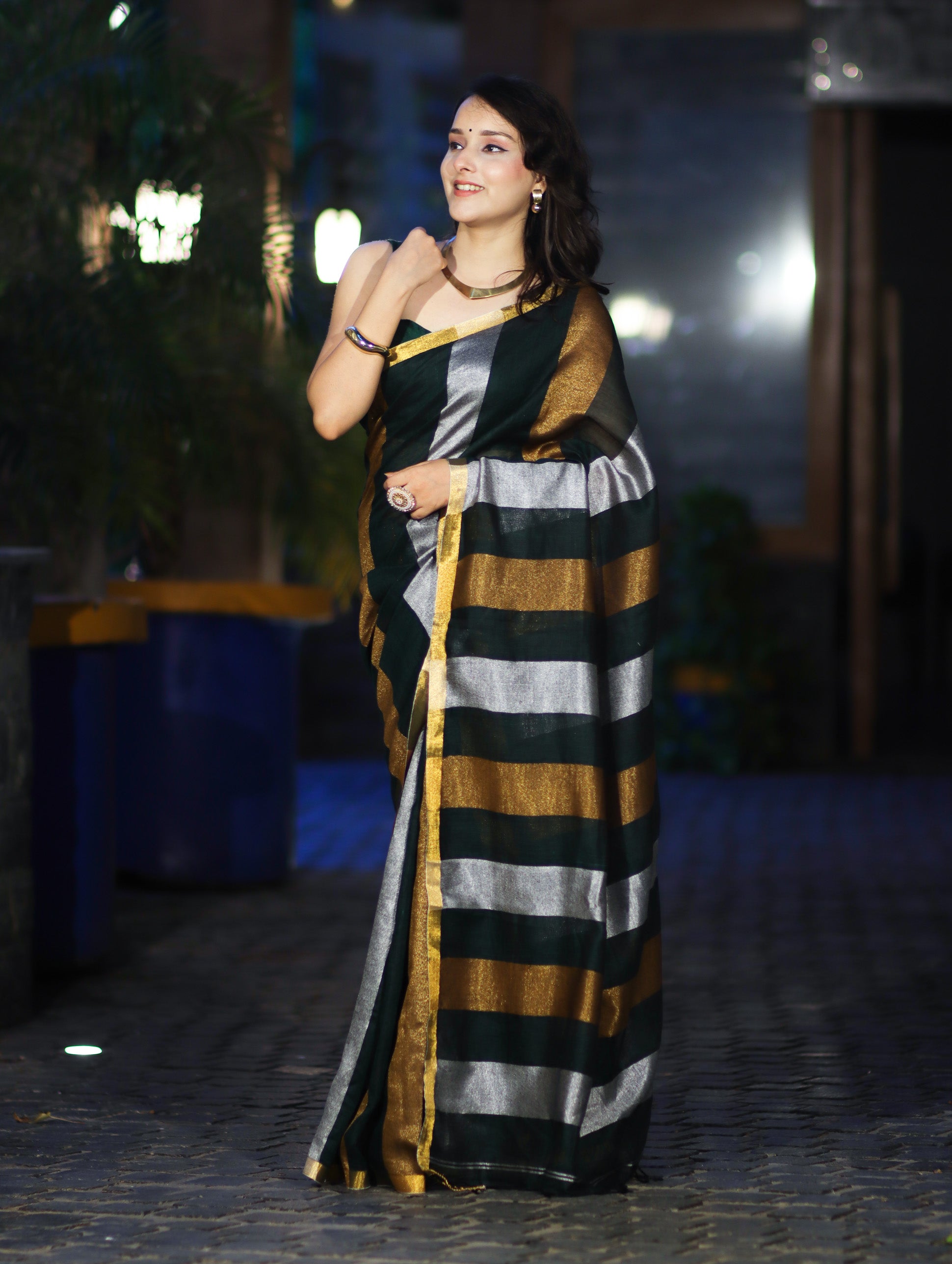 Bhagalpur Handloom Pure Linen Saree With Gold & Silver Stripes-Green
