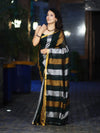 Bhagalpur Handloom Pure Linen Saree With Gold & Silver Stripes-Green