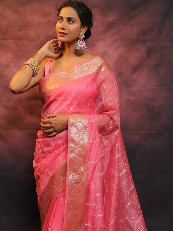 Banarasee Organza Floral Embroidery Sequin Work Saree-Baby Pink