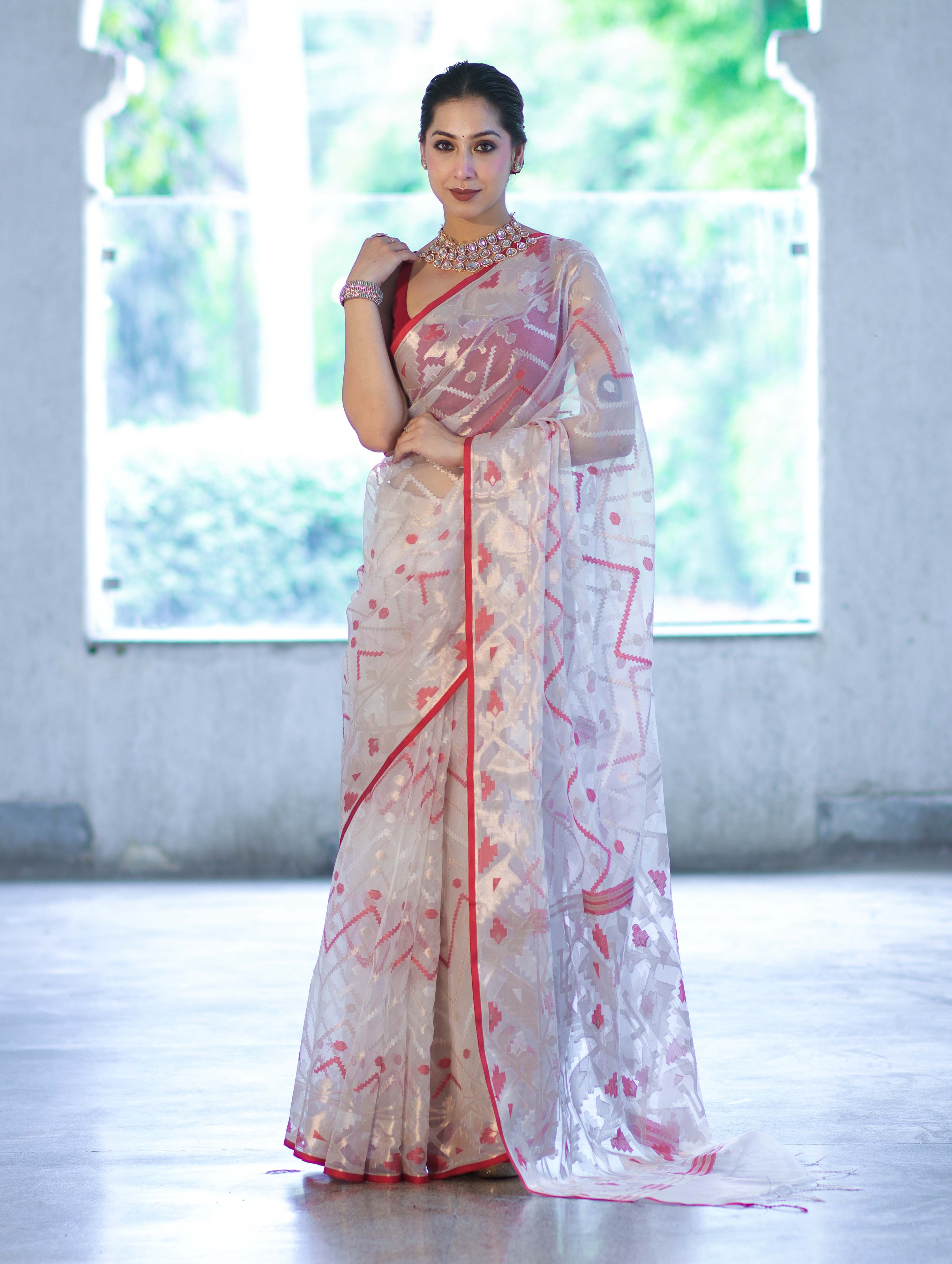Banarasee Dual Color Organza Mix Saree With Resham & Zari Work-White & Maroon