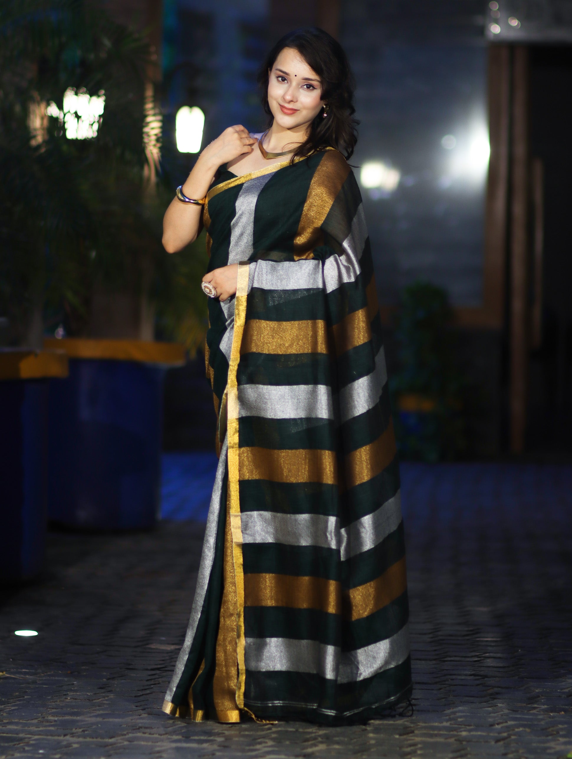 Bhagalpur Handloom Pure Linen Saree With Gold & Silver Stripes-Green
