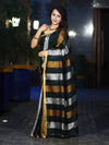 Bhagalpur Handloom Pure Linen Saree With Gold & Silver Stripes-Green
