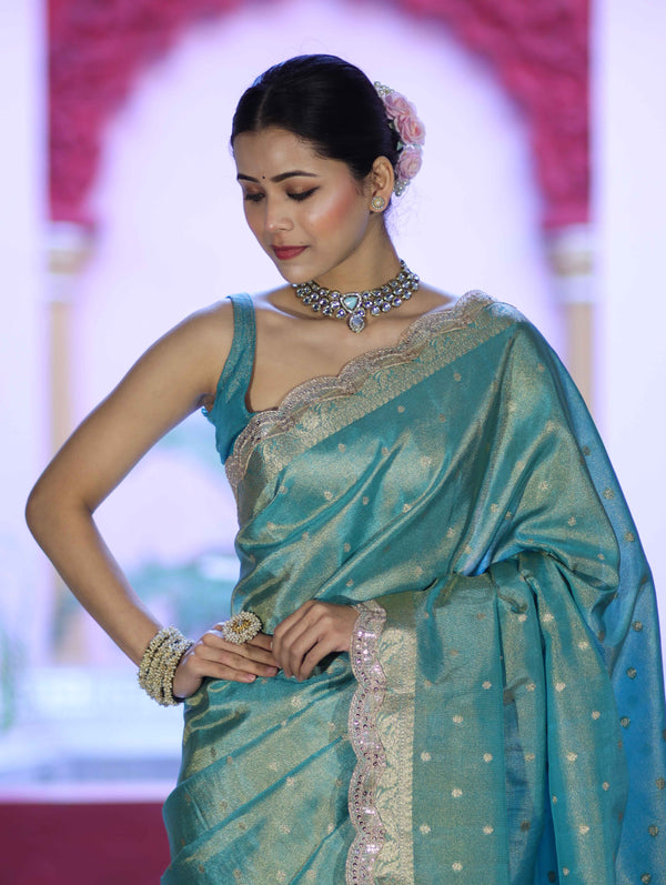 Banarasee Handloom Dual Tone Shimmer Tissue Saree With Buti Design Zari Border & Lace-Pastel Green