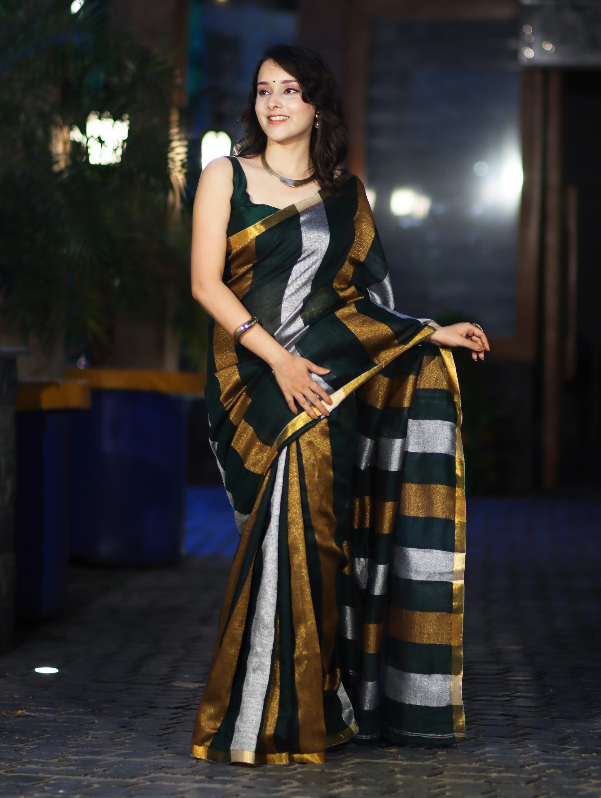 Bhagalpur Handloom Pure Linen Saree With Gold & Silver Stripes-Green