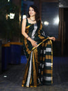 Bhagalpur Handloom Pure Linen Saree With Gold & Silver Stripes-Green
