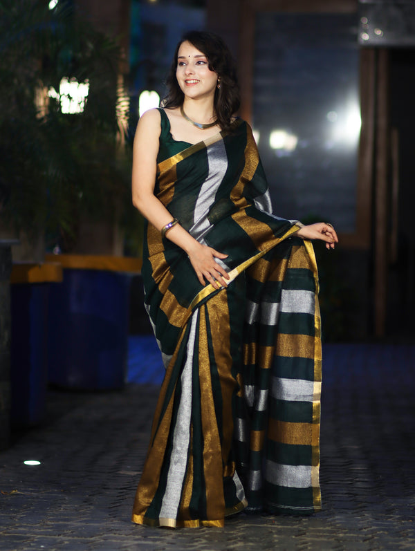 Bhagalpur Handloom Pure Linen Saree With Gold & Silver Stripes-Green