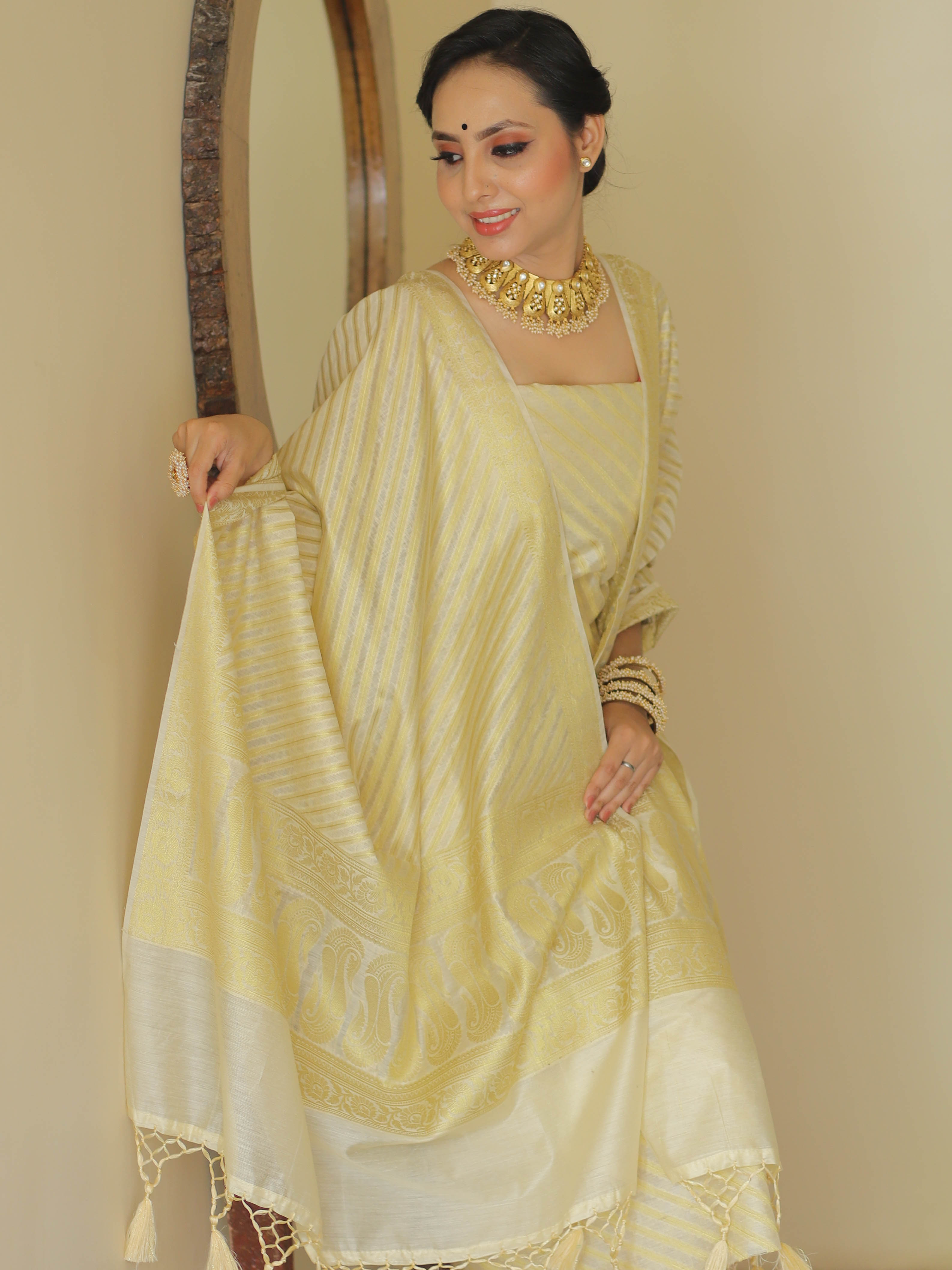 Banarasee Cotton Silk Zari Woven Salwar Kameez Dupatta Set-White