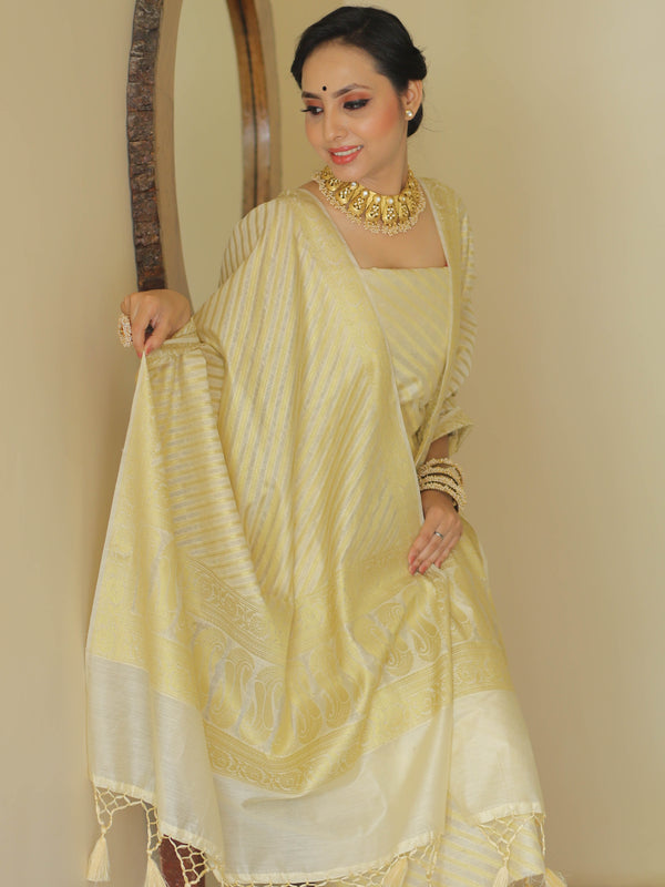 Banarasee Cotton Silk Zari Woven Salwar Kameez Dupatta Set-White