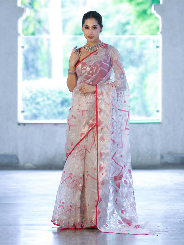 Banarasee Dual Color Organza Mix Saree With Resham & Zari Work-White & Maroon