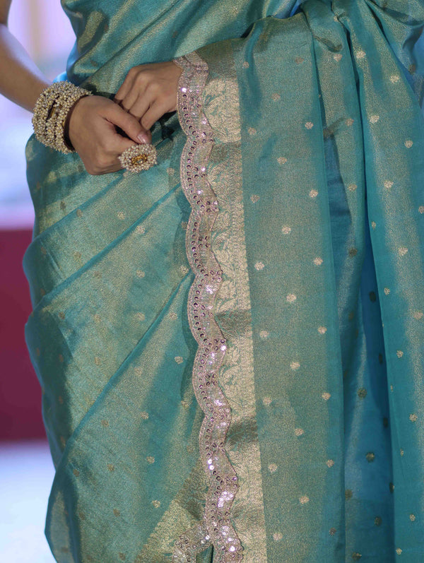 Banarasee Handloom Dual Tone Shimmer Tissue Saree With Buti Design Zari Border & Lace-Pastel Green